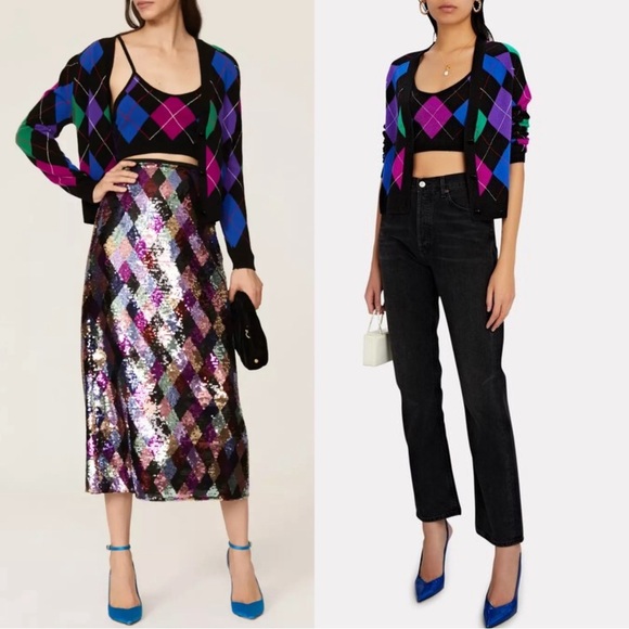 Le Superbe Argyle Wool Cashmere Cardigan Sweater Size Medium NWT Multicolor
